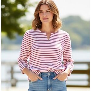 Croft & Barrow Split Neck Striped Top Magenta & White Size L